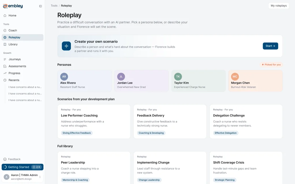 Embley roleplay interface with scenario and persona cards